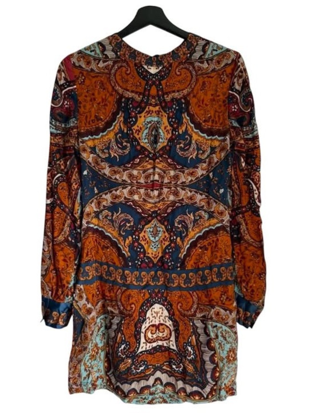 100% Silk Mini Dress Long Sleeve Tunic Top Shirt Abstract Print Paisley Boho